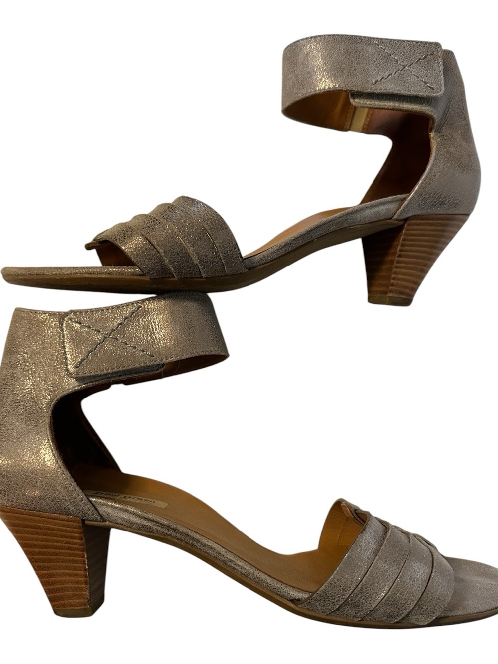 Paul Green Coco Smoke Metallic Leather Taupe Ankle-Strap Sandal Wooden Heel Sz 8 - Picture 4 of 10